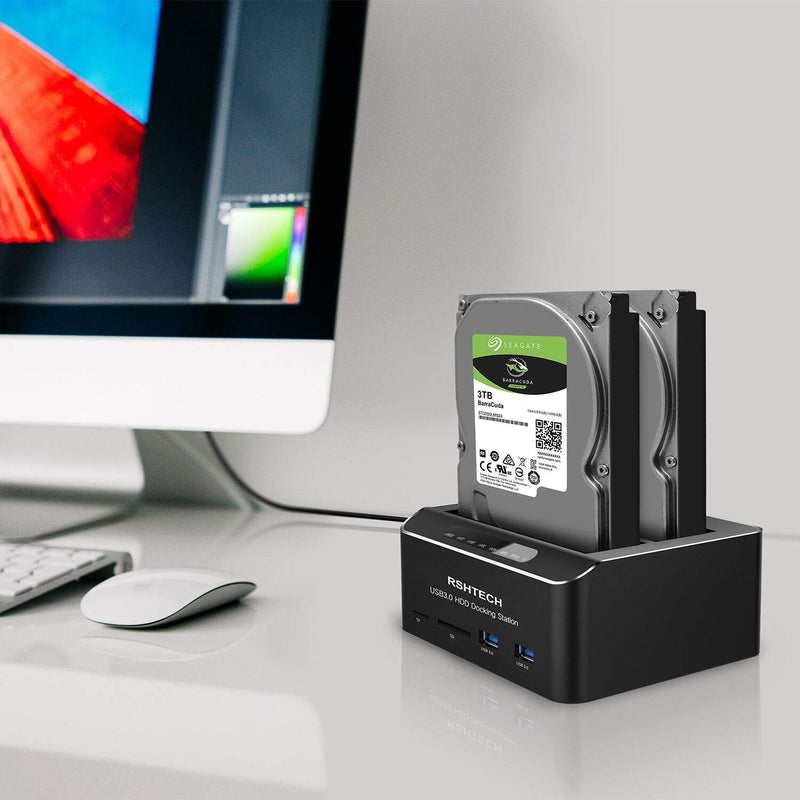 Hard Drive Docking Station RSHTECH USB 3.0 Aluminum Dual Bay Hard Drive Dock for 2.5" & 3.5" SATA HDD SSD with SD TF Card Reader and Offline Clone/Duplicator Function Support 16TB Tool-Free