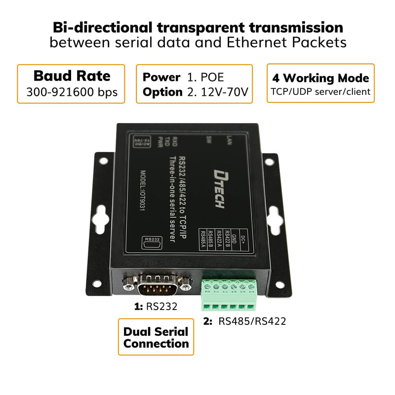 DTECH Serial to Ethernet Converter Adapter RS232 RS422 RS485 to TCP IP Device Server Supports DHCP DNS Modbus RTU/TCP 10/100M Power Over Ethernet POE