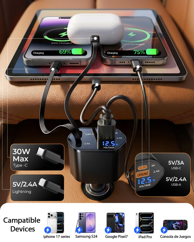 4 in 1 Retractable Car Charger, USB C Fast Charging Adapter, Black | Compatible with iPhone 17-8 and Samsung Galaxy; ideal gift for drives,cars,trucks,SUVs,road trips,rideshare,and family travel