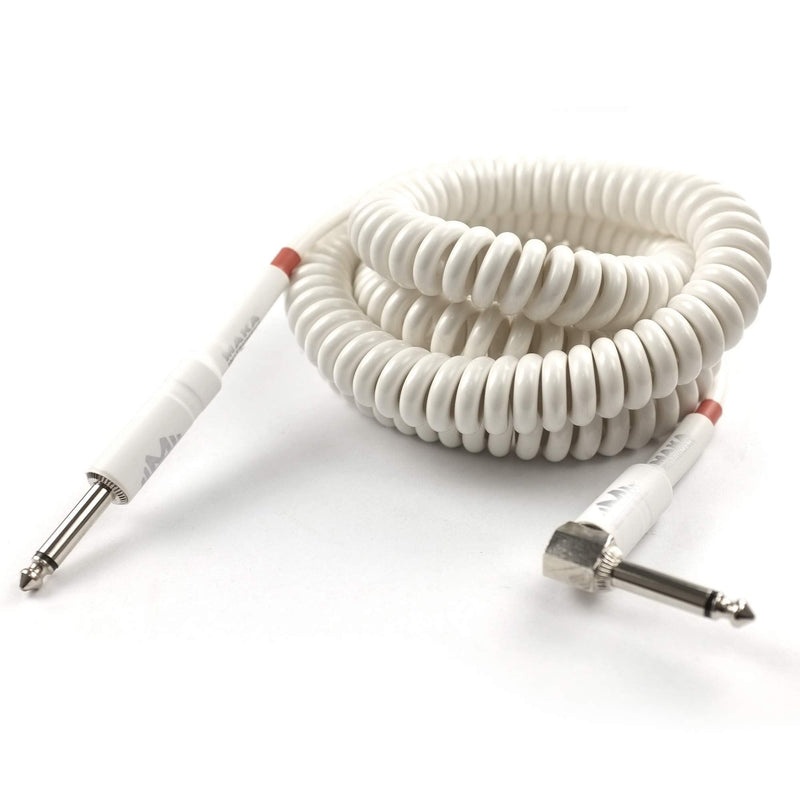 Premium Guitar Coil Cable 30 Feet, Instrument Coiled Curly Cord for Guitar Bass, 1/4 inch Right Angle to Straight, White 30' (White)