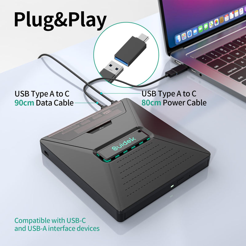 SUIDEK External CD DVD Drive,Optical Disc Reader+/-RW Burner with SATA Slot | Portable CD DVD Driver with 2.5" SATA,SD Card Reader and USB A Type C 2.0 Hub Compatible with Laptop PC Windows Mac OS Linux Matte Black