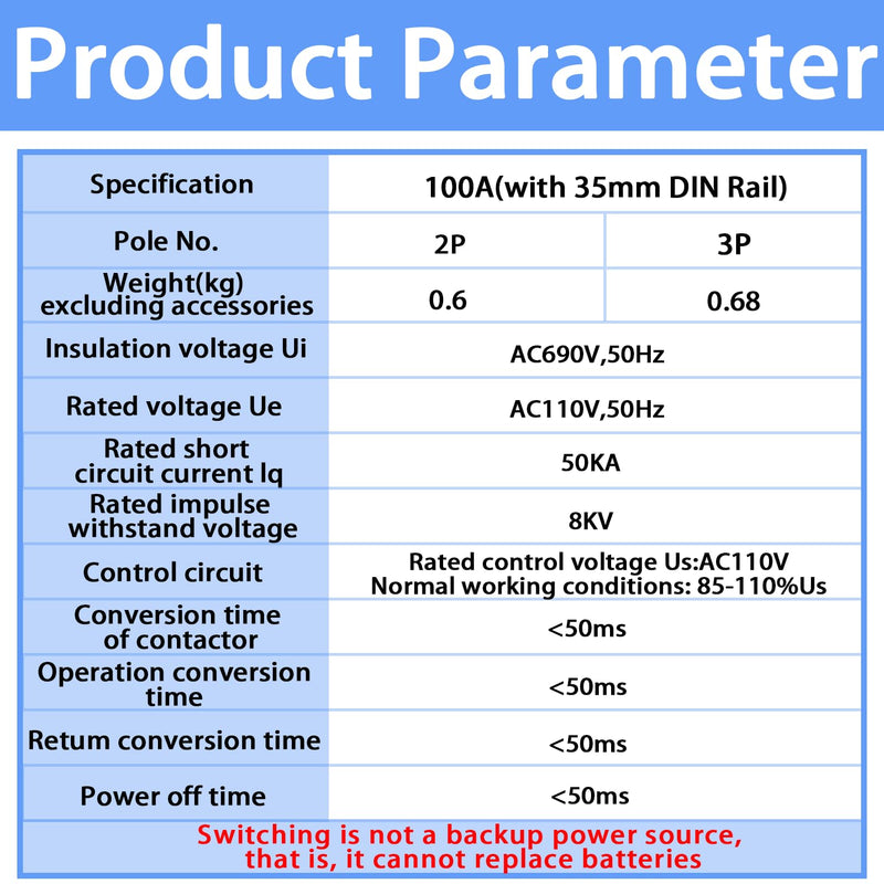 [AUSTRALIA] - Mini ATS Automatic Transfer Switch Dual Power Changeover Switch 100A 110V Generator Electrical Selector Switches DIN Rail Mount 2P/3P Circuit Breaker Toggle Controller 110V 100A 2P(with DIN rail) 