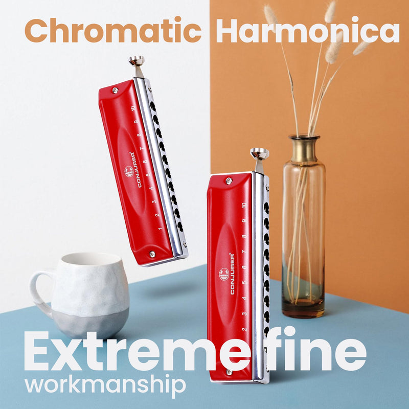[AUSTRALIA] - CONJURER Chromatic Harmonica Valveless for Adult Beginners Students 10 Hole Harmonica Key of C Stainless Steel Mouth Organ with Brass Reed in Case, C Key Red 10-Hole Chromatic 