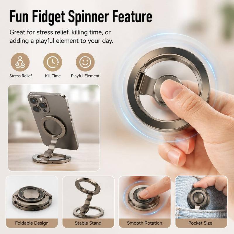 Magnetic Phone Stand Fidget Spinner, Dual Sided Magnet Phone Stand | 2-in-1 Foldable Phone Holder with Dual Magnetic Rings, 360° Rotation 270° Flip, Strong Mag’Safe Compatible Stand