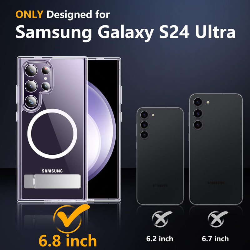 SPIDERCASE Magnetic for Samsung Galaxy S24 Ultra Case, [3 Stand Ways][ Military Grade Drop Protection] with Invisible Stand Shockproof Slim Case for Samsung S24 Ultra 6.8",Clear Clear