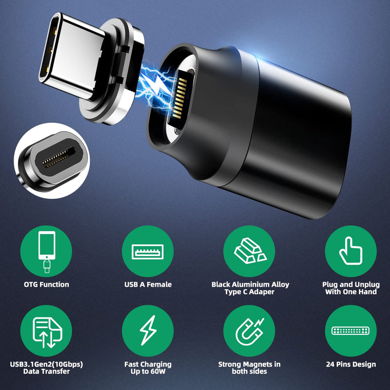 USB C to USB Magnetic Adapter 24Pins USB C Male to USB A Female Adapter 2 Pack with PD 60w Charge 10Gbps USB3.1/USB3.0 for MacBook Pro /Air and More Type C Devices A to C - Magnetic