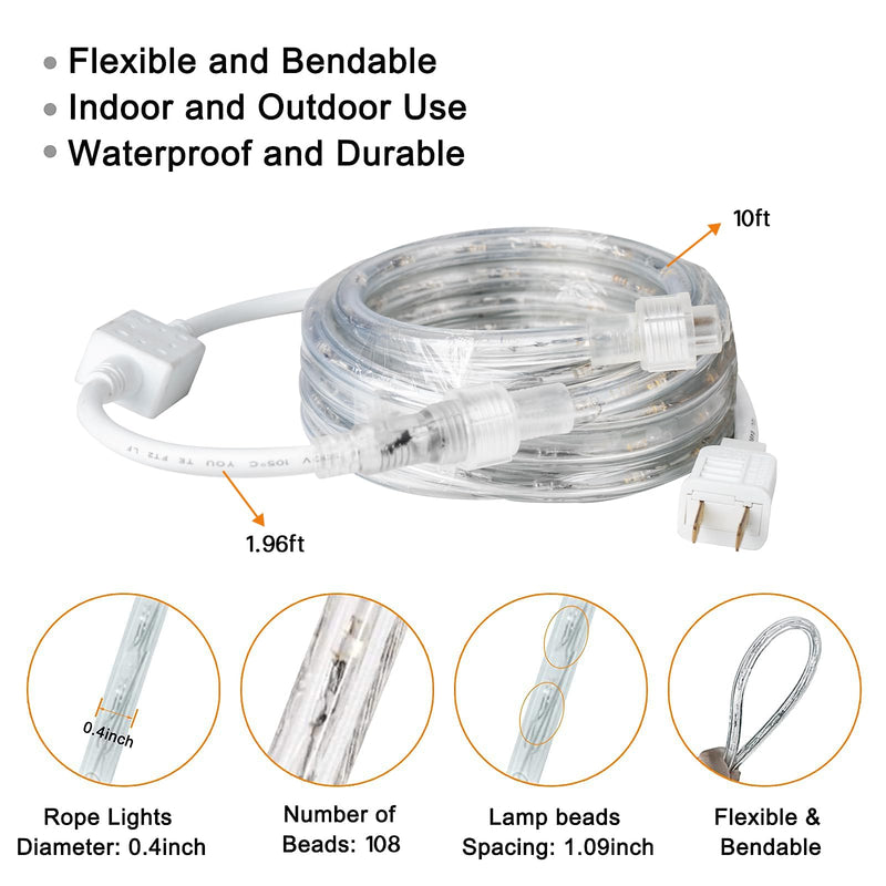[AUSTRALIA] - SURNIE Rope Lights Outdoor Waterproof Daylight White: LED 10FT Cuttable Outside Bright 110V Lighting 6000K Flexible Cool Clear Tube, Indoor Deck Patio Xmas Camping Decor, Not Flat Strip 