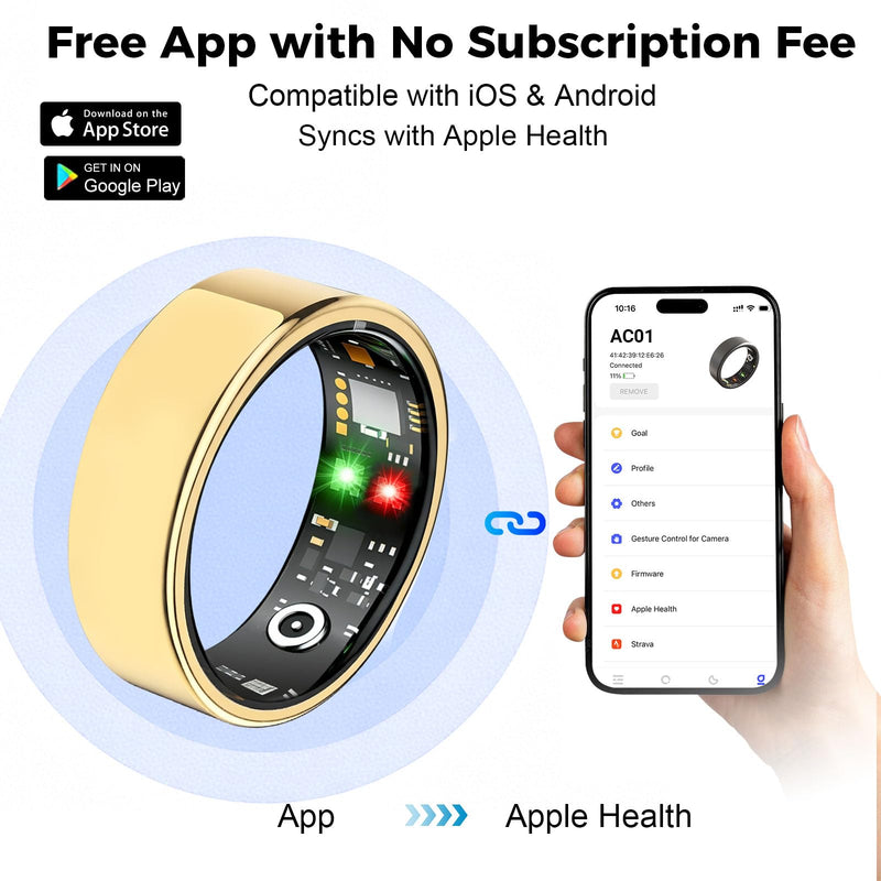 Smart Ring for Women Men, Health Tracking Ring No APP Fee (Gold,8) | 24/7 Fitness Tracker Heart Rate/SpO2/Stress/Sleep Monitor, IP68 Waterproof, Long Battery Fast Charge, iOS/Android Compatible Gold 8