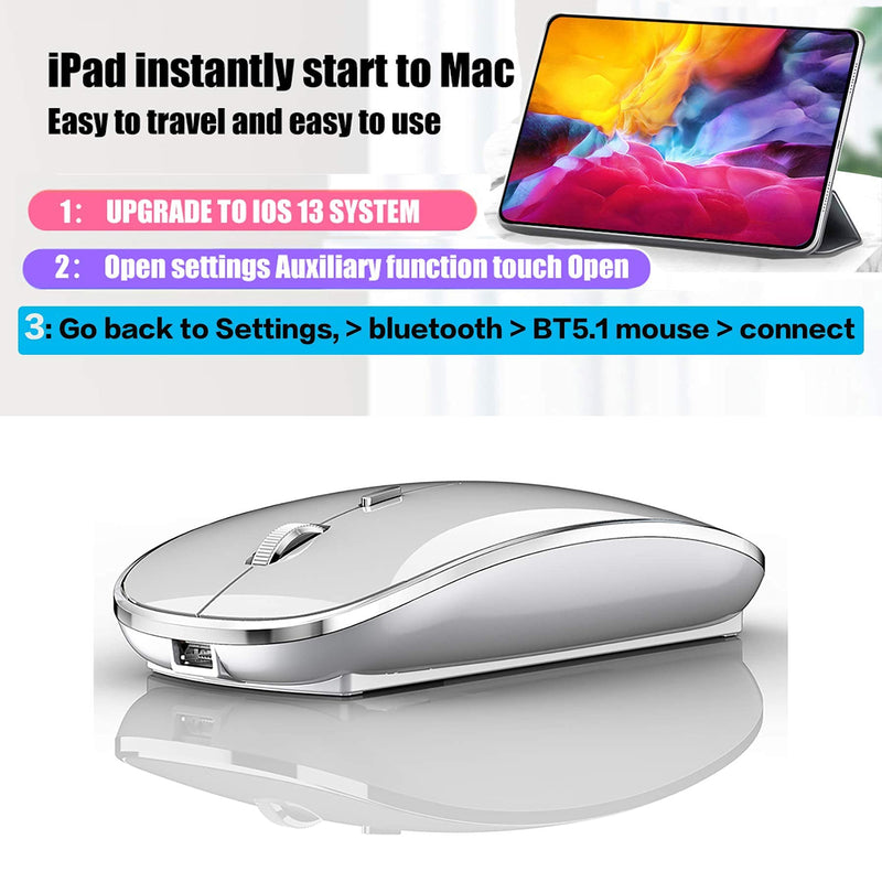 Bluetooth Mouse Wireless Bluetooth Mouse for iPad pro iPad Air Mac MacBook Pro MacBook Air Laptop Chromebook Windows HP DELL (Silver) SILVER