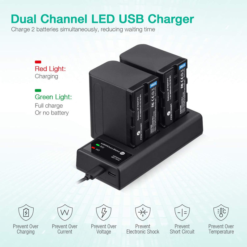 FirstPower 2 Pack NP-F970 Batteries and USB Dual Charger for Sony NP-F970 F960 F950 F930 F750 F570 F550 F530 F330 Battery and Sony Handycams, CCD-SC55 TR516 TR716 TR818 TR910 TR917