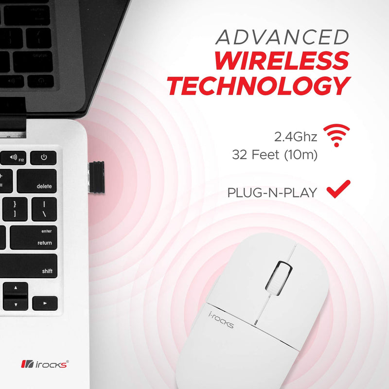 i-Rocks M23R 2.4G Wireless Silent Slim Mouse, Optical Mice with USB Nano Receiver, Adjustable DPI Levels for PC, Notebook, Computer, Laptop, Desktop, Ergonomic Design - White