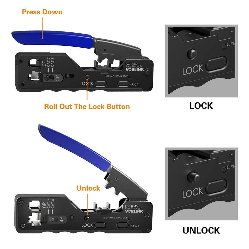 VCELINK Ethernet RJ45 Pass Through Crimping Tool Bundle with 30-Pack Nickel Plated Shielded Cat6A/Cat7 RJ45 Modular Plug with Strain Relief Boots