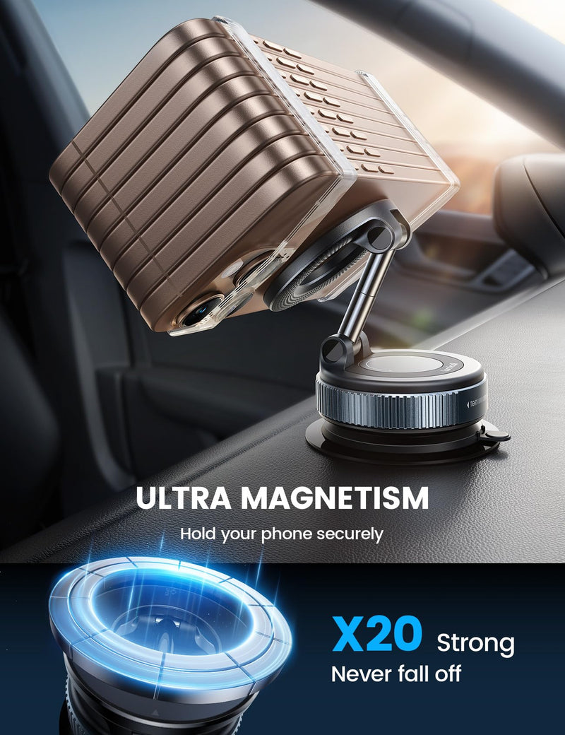 Lamicall for MagSafe Car Mount 70LBS Vacuum Suction Dashboard & Windshield | 20X Magnet Car Phone Holder 360° Foldable Magnetic Phone Holders for Your Car fit iPhone 17 16 15 14 Pro Max Gift Truck Black