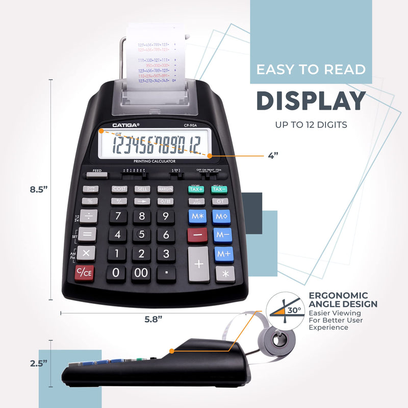 CATIGA Printing Calculator with Tape Print Out - 10 Key Adding Machine with Paper Roll, Desktop Electric Calculator for Accounting, Business, Finance, Home Office Use CP90A 1) Black Pro