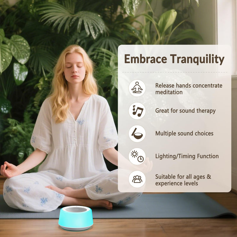 Kipcush Tibetan Singing Bowls Sound Machine - 11 Different Sized Sound Bowls with Night Light for Yoga, Meditation, Mindfulness, Healing, Chakra Healing and Stress Relief, Timer, Plug in Small
