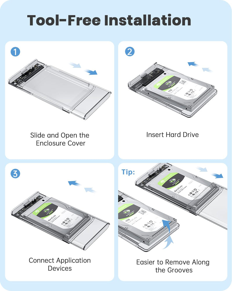 POSUGEAR 2.5'' External Hard Drive Enclosure USB 3.0 to SATA III Tool Free Clear External Hard Drive Case for 7mm/9.5mm 2.5 inch SSD HDD with UASP, Compatible with WD Toshiba Samsung PS4 Xbox PC TV