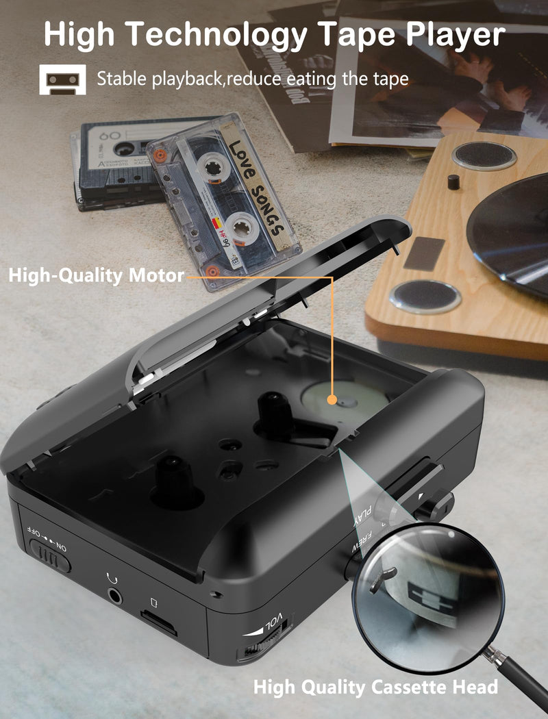 [AUSTRALIA] - Portable Cassette Player,Cassette to MP3 via SD Card, Walkman Cassette Tape Player with 1000mah Rechargeable Battery,Built-in Microphone&Speaker,Headphone Jack,16GB SD Card(Black) Black 