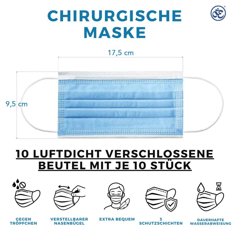 S&S-Medical Pack of 100 Medical Surgical Masks Type IIR EN14683 Certified - 3-Layer Surgical Disposable Masks, CE Approved Medical Device, BFE ≥ 98%, Breathable Mouth Masks | Light Blue