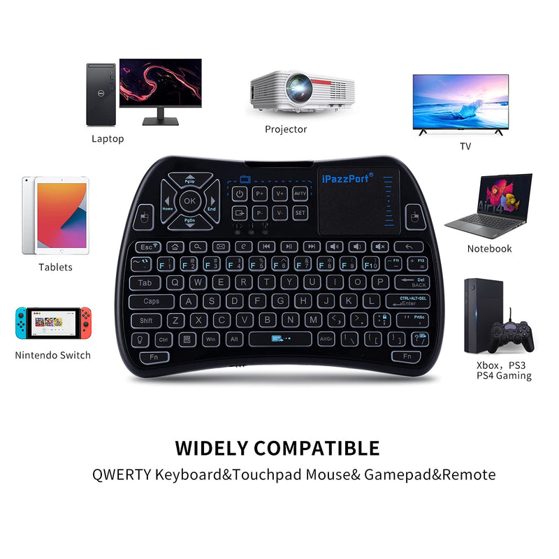 iPazzPort Backlit Mini Keyboard Bluetooth touchpad, Mini 2.4Ghz Keyboard Rechargeable, IR Learning Remote Keyboard for Google/Android TV Box, Raspberry Pi, Smart TV KP-61SM black