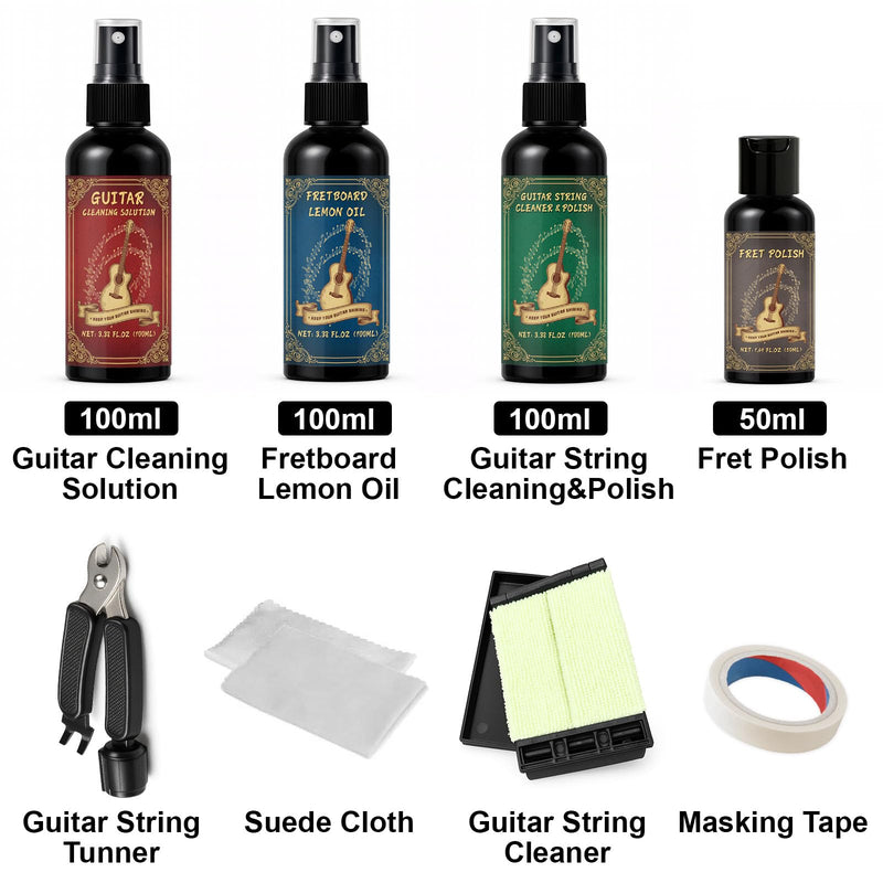 [AUSTRALIA] - 9pcs Guitar Cleaning Kit with Fret Polish, Guitar Cleaner Prevents Wear, Fading, and Cracking, While Keeping Your Instrument in Its Best Appearance and Sound Quality at All Times 
