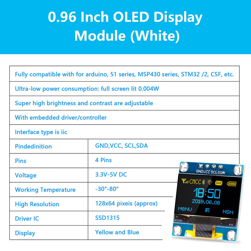 QIQIAZI 0.96 Inch OLED Display I2C Module, 5 Pieces I2C Display Module 128 x 64 Pixel I2C Screen Display Module Compatible with Arduino and Raspberry Pi (Yellow/Blue)