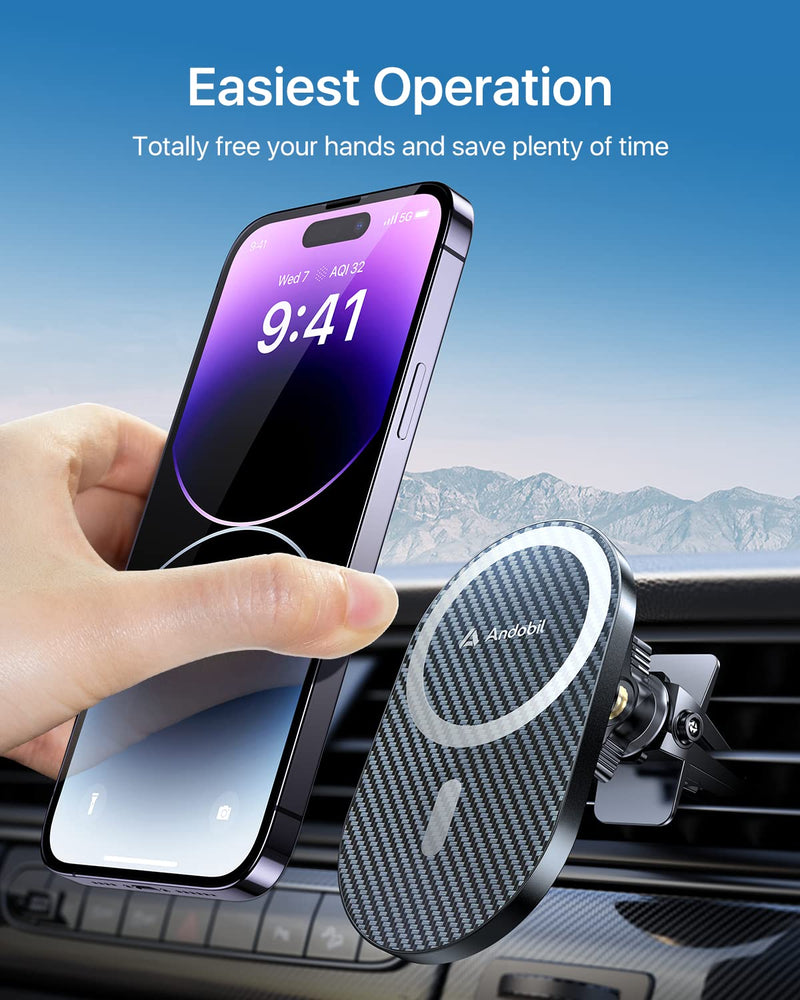 andobil Upgraded for Magsafe Car Mount Pro [Strongest Magnet, Big Phone Friendly] 360° Rotation Magnetic Phone Holder for Car Vent for iPhone 17 Pro Max 16/15/14/13/12 Samsung S26/S25 (Carbon Fiber) Black-P2