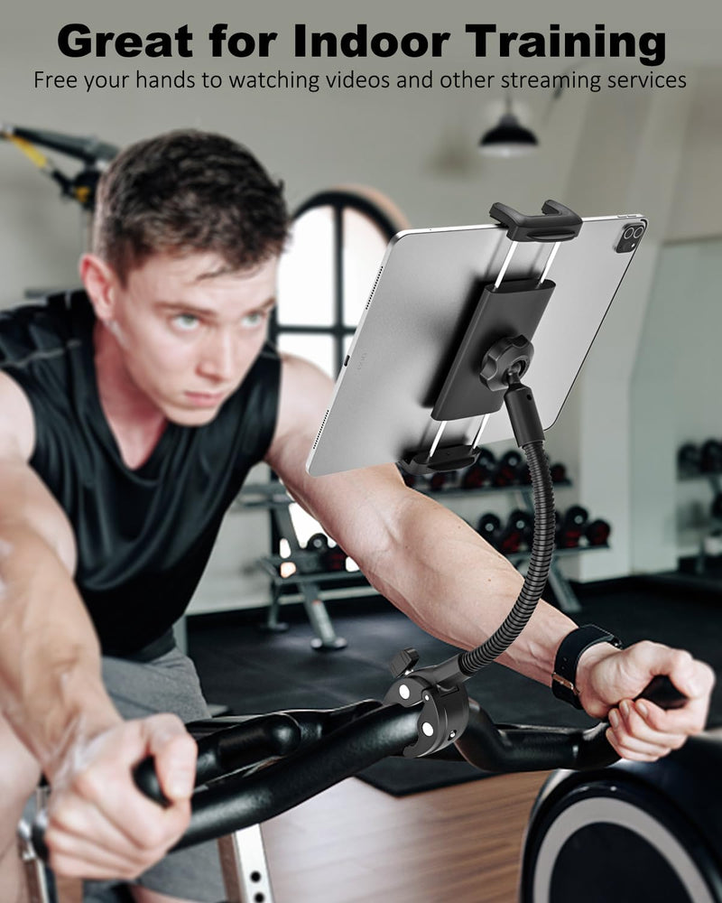 Spin Bike Tablet Holder, Metal Gooseneck Treadmill Tablet Mount, Anti-Shake Treadmill Tablet Mount, Stationary Elliptical Handlebar Clamp for iPad Pro 13 12.9 Mini Air, Tab, Z Fold,4-13" Device