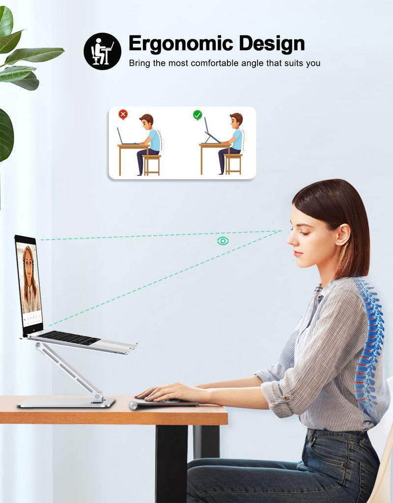 Foldable Laptop Stand, Height Adjustable Ergonomic Computer Stand for Desk, Aluminum Portable Laptop Riser Holder Mount Compatible with MacBook Pro Air, All Notebooks 10-16" Silver