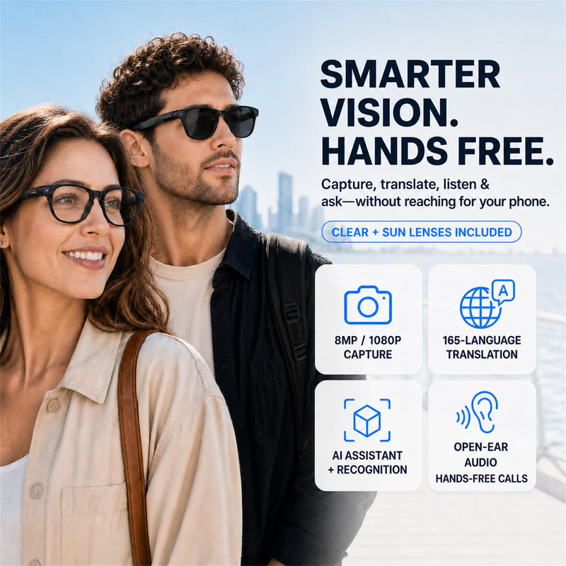 Smart Glasses with Camera - 8MP AI Glasses Video Recording 1080P Anti-Shake | POV Video, 165-Language Real-Time Translation, AI Voice Assistant, Open-Ear Audio, Bluetooth WiFi Sunglasses for Men & Women