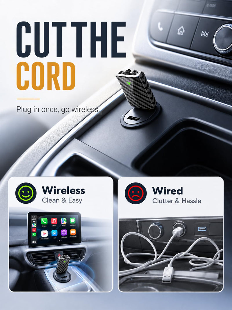 Wireless CarPlay Adapter - Convert Wired to Wireless, Fast Auto Connect and No Lag, Plug & Play USB with Gold-Plated Connector, Carbon Fiber Design, Compatible with iPhone 6 or Above