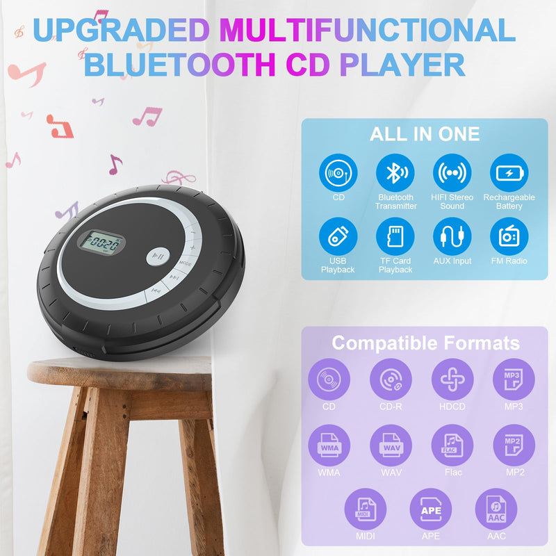 Portable Bluetooth CD Player - Bluetooth CD Player for Car with Anti-Skip Protection, Small Rechargeable CD Player for Home, Walkman CD Player Portable with Headphones with HiFi Stereo Sound Black