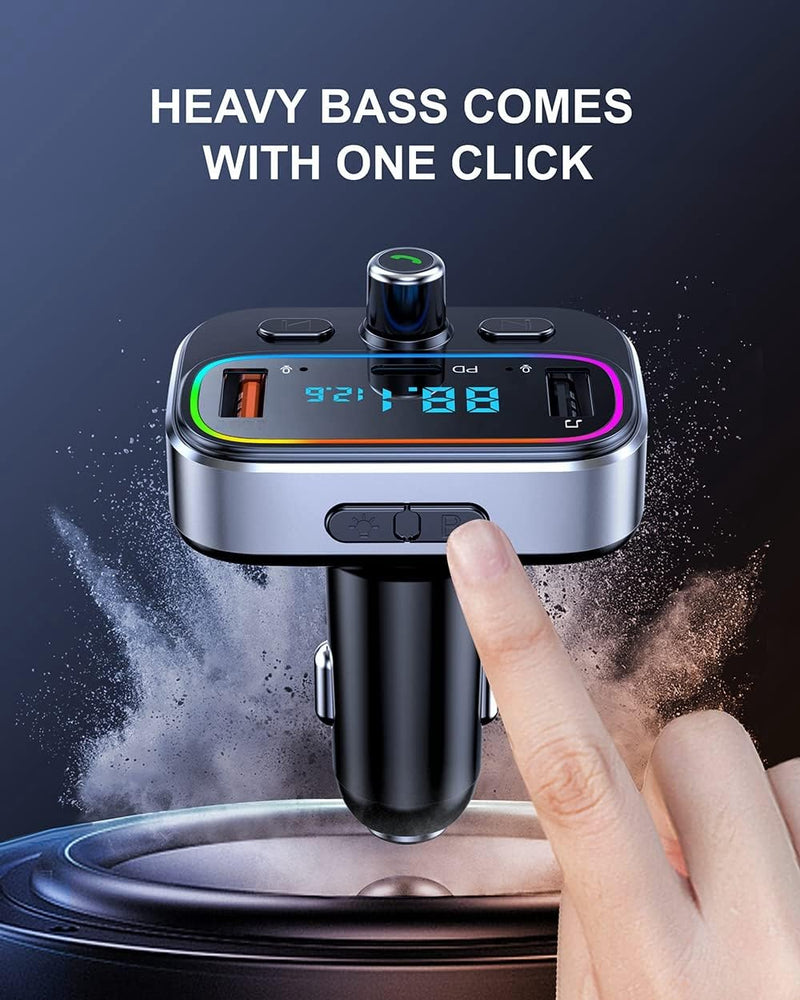 [AUSTRALIA] - Bluetooth 5.4 FM Transmitter for Car Wireless Radio Adapter Kit, Hands-Free Calling Dual Microphone, Fast Charging 18W & PD 20W for All Smartphones Audio Players, Supports TF/SD Card and USB Disk 