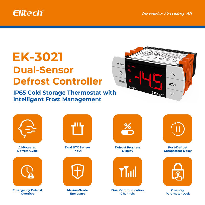 Elitech UEK3021 Digital Touch Button Temperature Controller, Thermostat with Cooling and Defrost, Two Sensors Probes