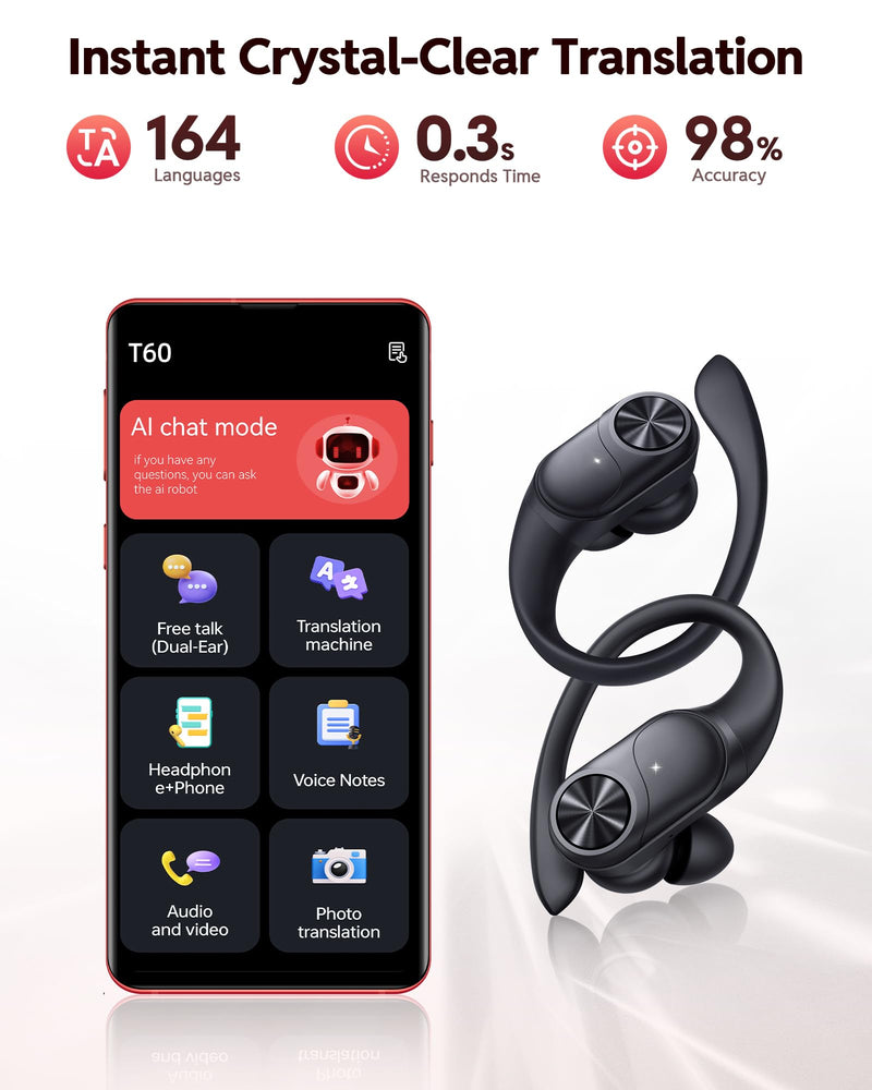PocBuds Bluetooth Headphones Wireless Earbuds 80hrs Playtime Wireless Charging Case Digital Display Sports Ear Buds with Earhook Deep Bass IPX7 Waterproof Over-Ear Earphones for TV Phone Laptop Black AI Buds Pro