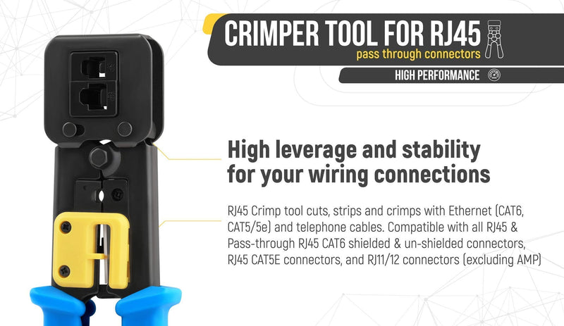GTZ Bundle – 2 Items: RJ45 Crimp Tool + RJ45 Cat6 Pass Through Connectors and Strain Relief Boots - Pack of 100/100