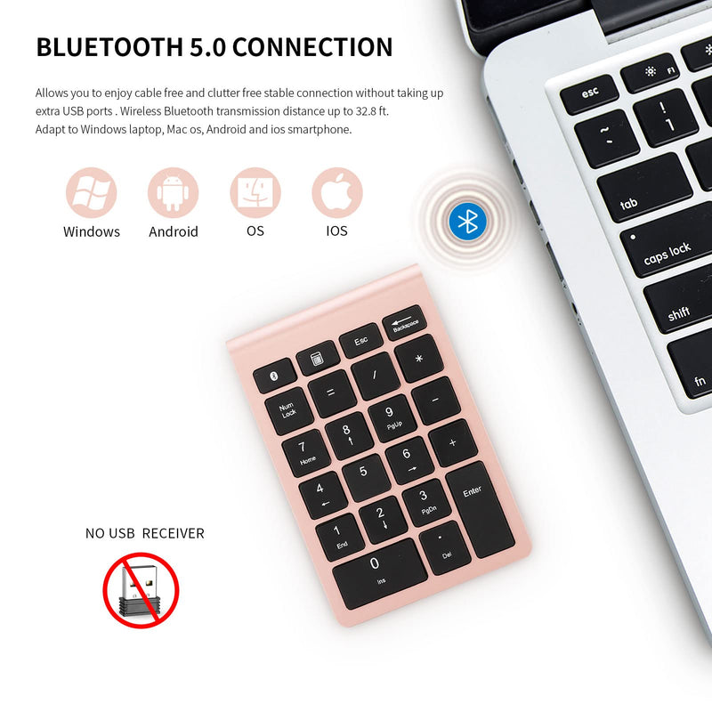 Bluetooth Number Pad, 22 Keys Number Keypad with Shortcut Key, 10Keys Portable Financial Accounting Wireless Number Pad, Bluetooth 5.0 Numeric Keyboard for Laptop, PC, Desktop, Pad(Rose Gold)