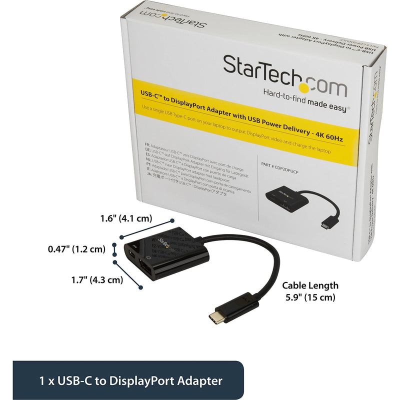 StarTech.com USB C to DisplayPort Adapter with Power Delivery - 4K 60Hz HBR2 - USB Type-C to DP 1.2 Monitor Video Converter w/ Charging - 60W PD Pass-Through - Thunderbolt 3 Compatible (CDP2DPUCP)