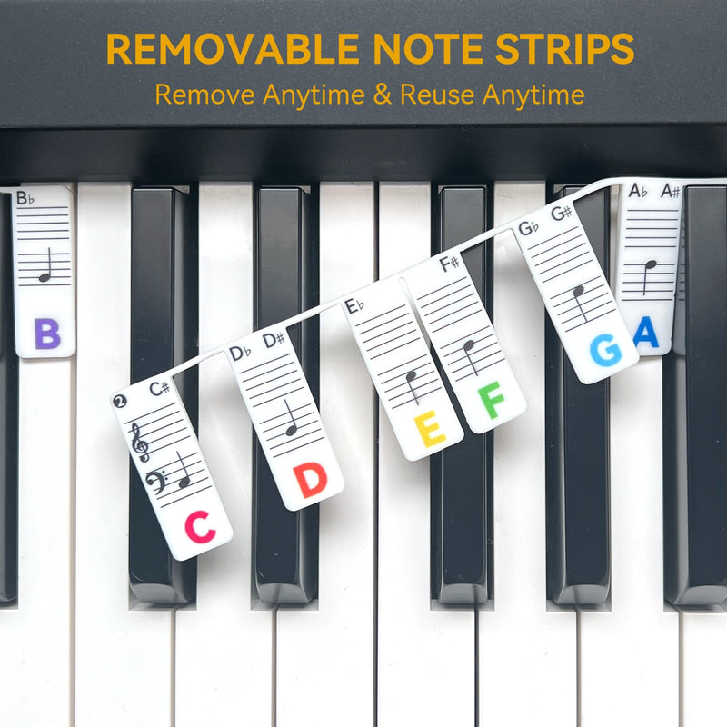 Piano Note Strips with Black Keys, Fit 88/76 Key Piano Keyboard Learning, Removable Piano Key Stickers 88Key-Rainbow