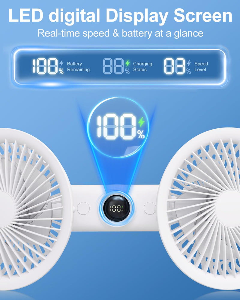 Car fan for Backseat Kids, Rechargeable Battery Powered USB Fans for Car with LED Display, Powerful 3 Speeds 360° Rotation Headrest Dual Head Cooling Car Seat Fan for Baby Rear Facing for SUV Truck
