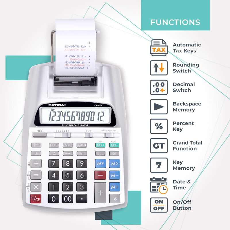 CATIGA Printing Calculator with Tape Print Out - 10 Key Adding Machine with Paper Roll, Desktop Electric Calculator for Accounting, Business, Finance, Home Office Use CP90A 3) Silver Pro