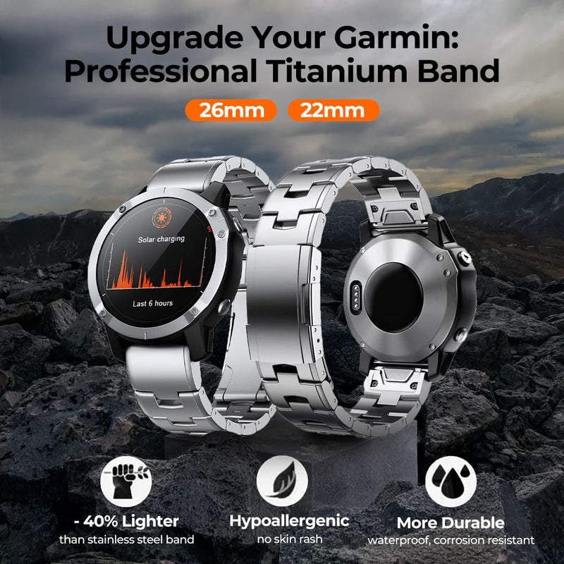 Rugged Titanium QuickFit Metal Band for Fenix/Instinct/Tactix/Epix/Forerunner, 22mm 26mm No Gap Fenix 8 Watch Strap, Lightweight Skin-Friendly Durable for Running Outdoor Sports silver
