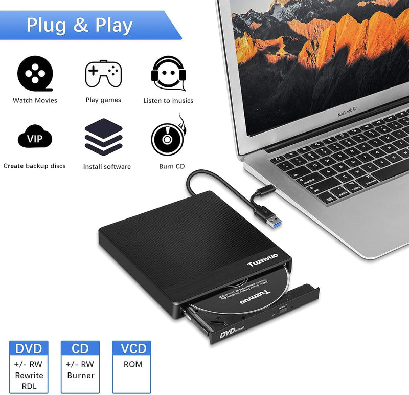 External CD/DVD Drive for Laptop, USB 3.0 & USB C CD Burner/Reader, Plug & Play Compatible with Windows 11/10/Mac OS/Linux, DVD Player for Laptop, PC MacBook Black-2