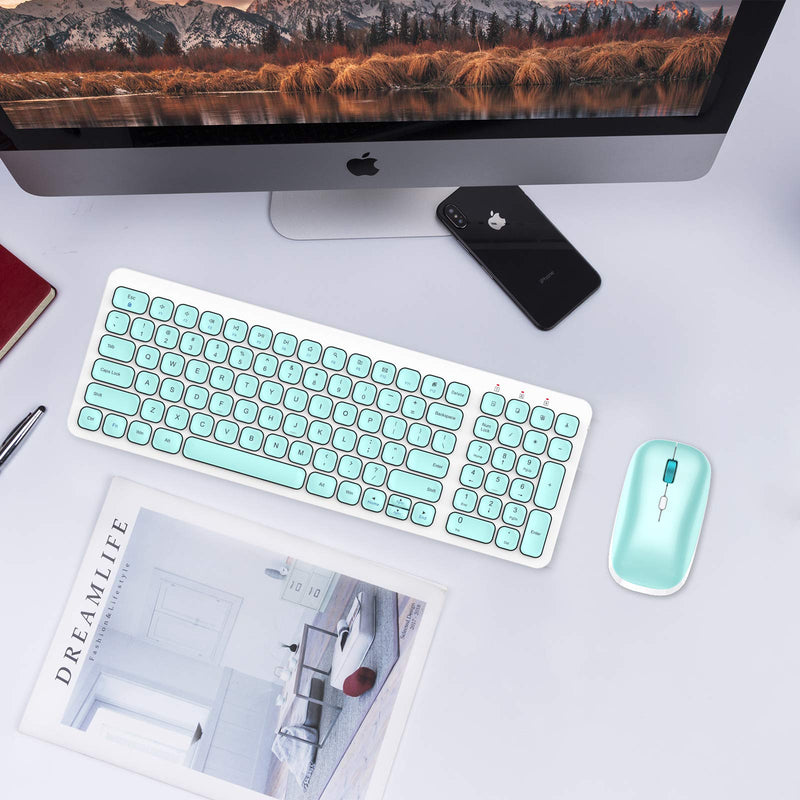 Wireless Keyboard Mouse Combo, cimetech Compact Full Size Wireless Keyboard and Mouse Set Less Noise Keys 2.4G Ultra-Thin Sleek Design for Windows, Computer, PC, Notebook, Laptop - (Aqua Green) Aqua Green