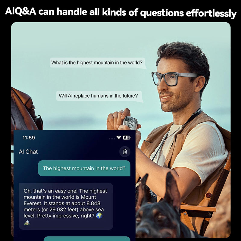 AI Smart Glasses with HD Camera- AI Photo Recognition and Interactive Dialogue, Noise-canceling, and Long Battery Life | Stylish Black Frame and Lenses (White) White