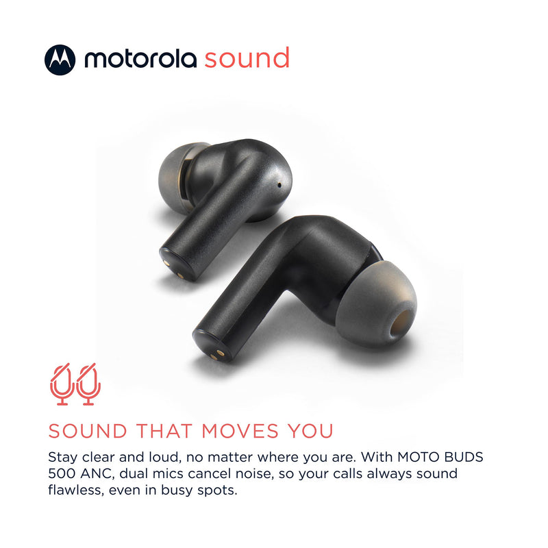 Motorola Sound Moto Buds 500 ANC True Wireless Earbuds, IPX4 Water Resistant Touch Control Ear Buds with Dual Noise Cancelling Microphone, Charging Case, Black