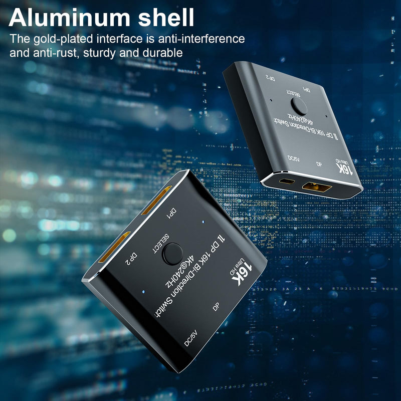 CABLEDECONN DisplayPort 2.1 8K 10K 16K DP Video Switch Bi-Direction Ultra HD 8K@120Hz 4K@240Hz Splitter Converter for Multiple Source and displays dp 16k switch 2x1