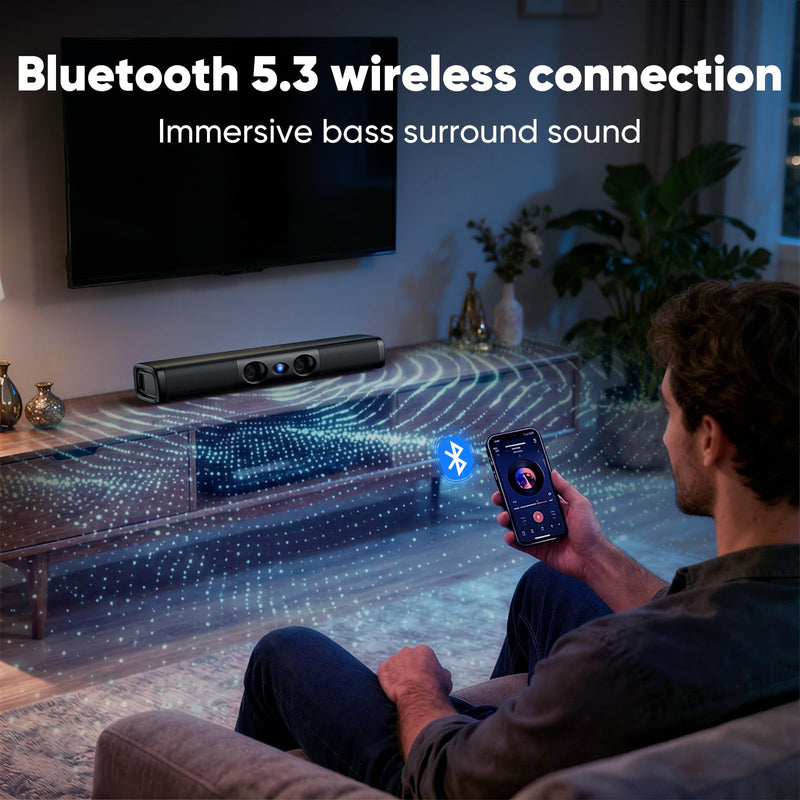 17 Inch Sound Bar for Smart TV, 60W Soundbar with Deep Bass | Dual-Horn Port, Crystal Dialogue, Bluetooth 5.3, ARC/Optical/AUX Inputs, Compact Speaker for TV/Projector/PC/Gaming/Bedroom 17 Inch Soundbar