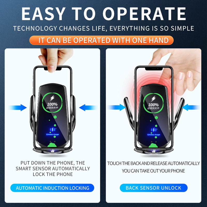 Wireless Car Charger Phone Mount 15W Fast Charging Auto Clamping Car Charger Car Phone Holder Mount Wireless Charging Mount Compatible with All Android Smartphone (Black)