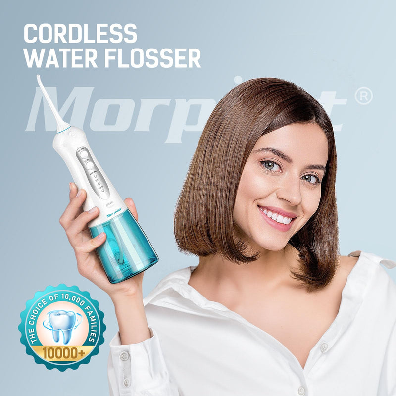 morpilot Portable Cordless Professional 3 Modes Oral Irrigator with 5 Nozzles 1 Tongue Cleaner IPX7 Waterproof Teeth Cleaning 300ml for Travel Home Use
