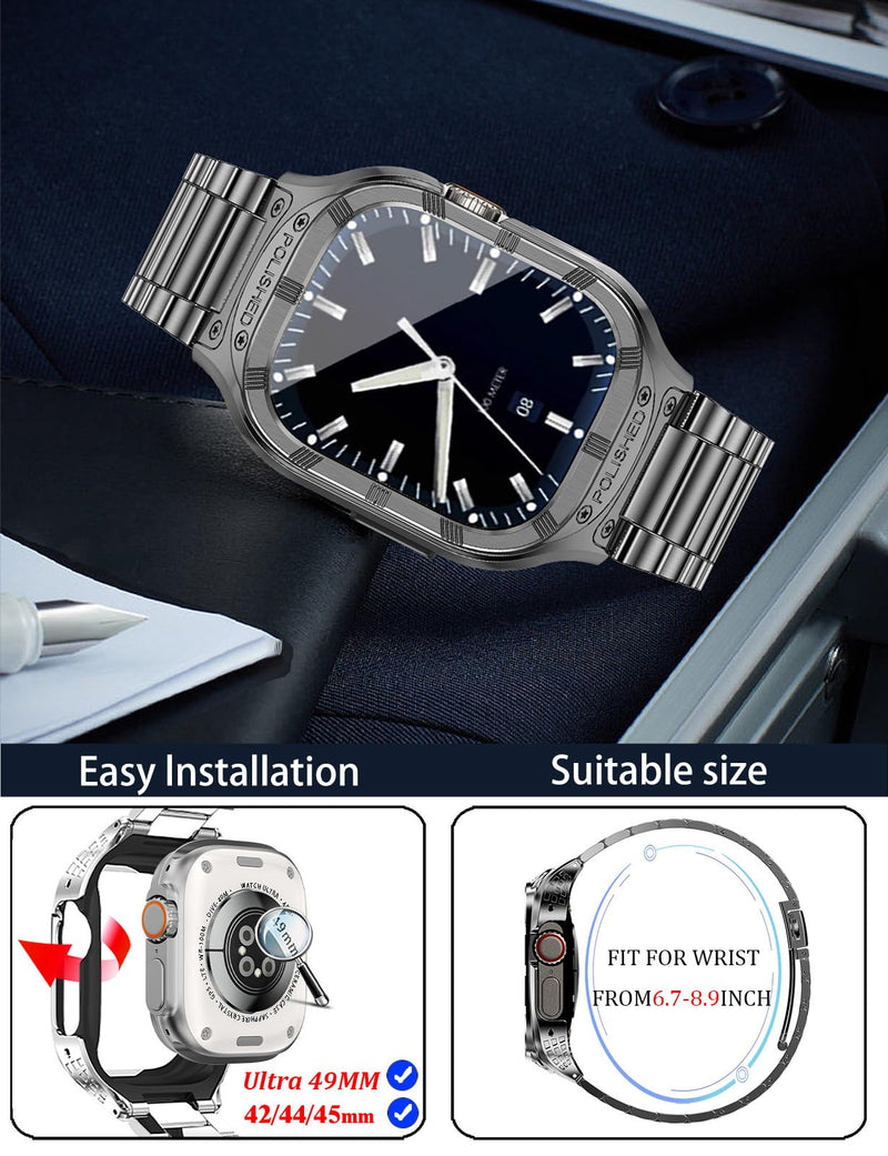 Stainless Steel Case and Band for Apple Watch Band 45mm,Rugged Apple Watch Case with Metal iWatch Band for Men Series9 8 7,Grey 3-Grey-44